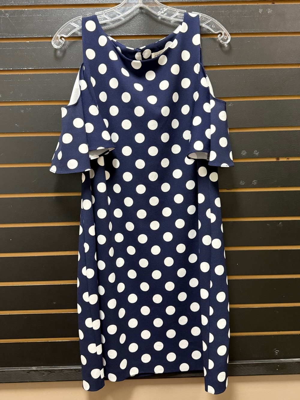 Eliza J Size 10 Navy White Polka Dot Cold Shoulder Shift Dress